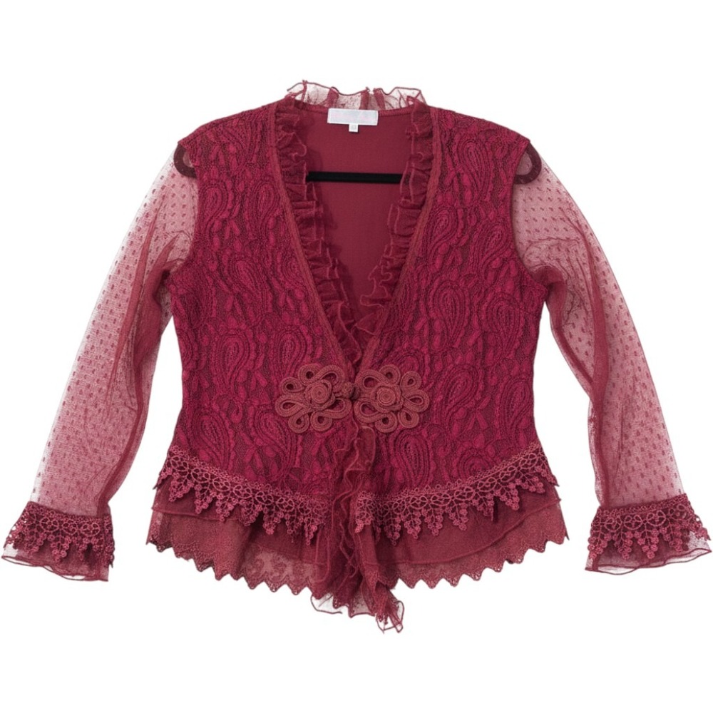 Pretty Angel Lace Cardigan L Burgundy Silk Blend Frog Closure Regency Goth
